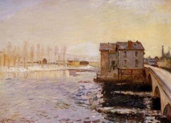 Alfred Sisley : The Moret Bridge and Mills under Snow